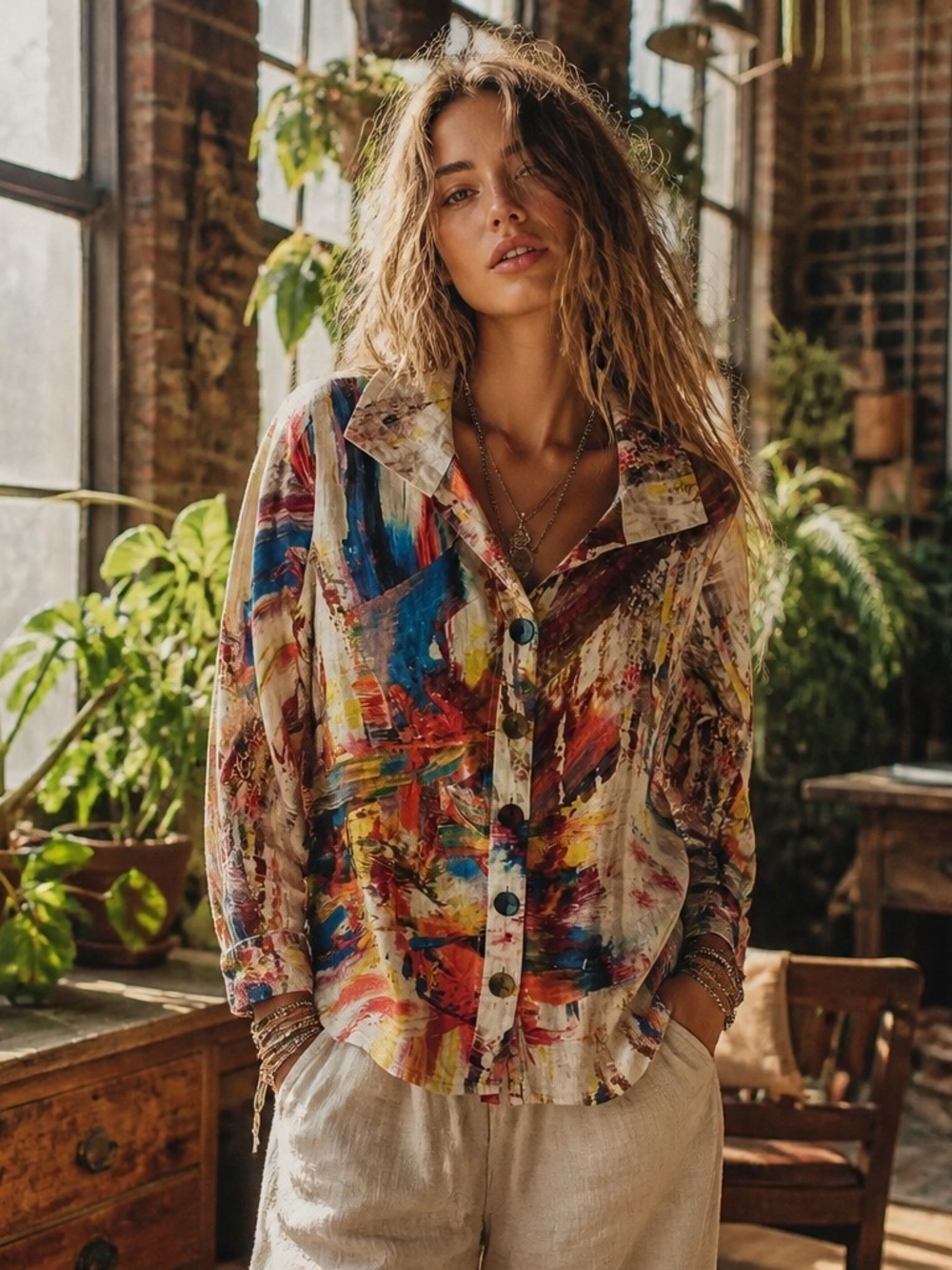 Abstract Multicolor Button-Front Women's Shirt - Painterly Print